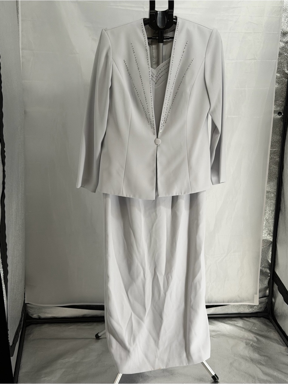 STUNNING ELEGANCE Beaded Formal Michael Angelo Gray Maxi Gown & Jacket Sz 12